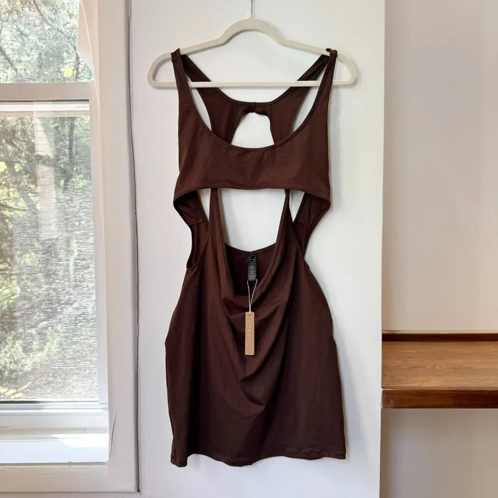 NWT SKIMS Recycled Swim Cut Out Tank Dress Cocoa XL